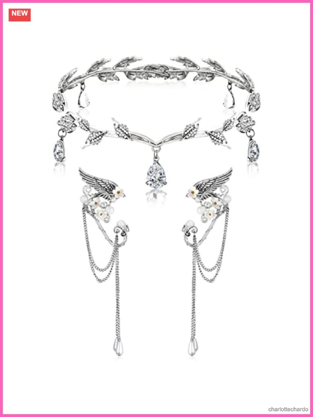 Rhinestone Leaf Fairy Crown Headband with Elf Wings Earrings Cosplay Set